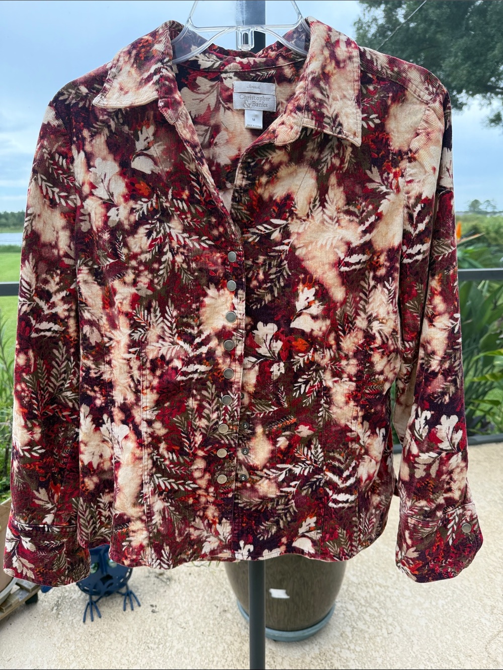 Christopher & Banks Burgundy and Cream stretch corduroy Floral snap Shirt/jacket